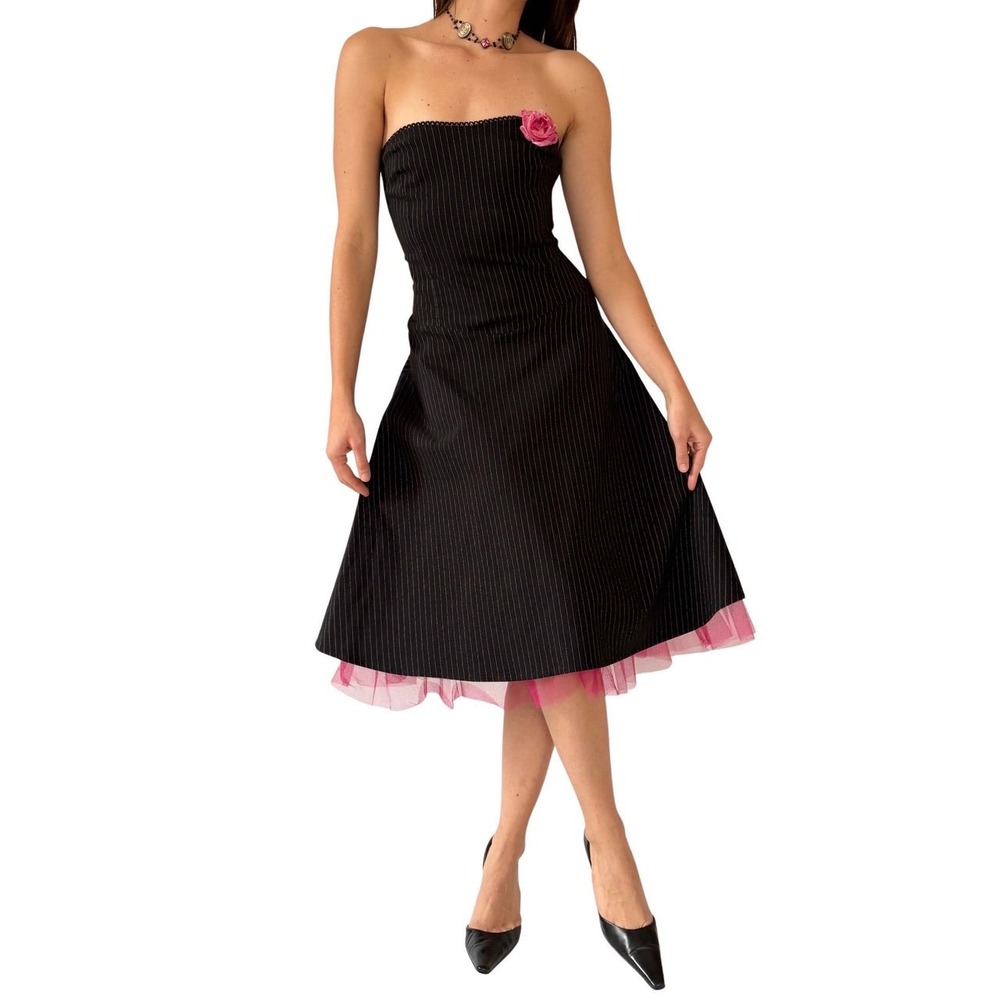 Ruby Rox Y2K 90s Pinup Pinstripe Dress 7 Rockabilly Swing Retro Tulle Rose Pin